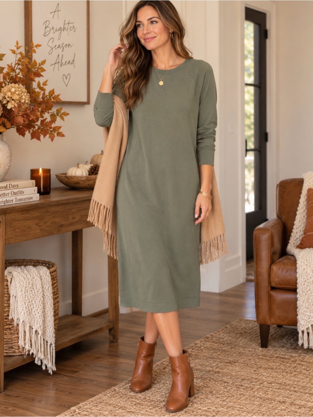 J. Jill Olive Green Long Sleeve Pocket Shift Dress M Tall